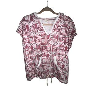 Jane & Delancey L Red &‎ White Paisley Print Hoodie With Kangaroo Pockets Hippie